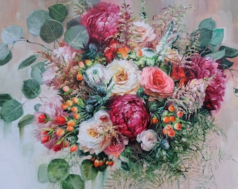 Custom Wedding Bouquet Painting, Floral Oil Portrait on Canvas