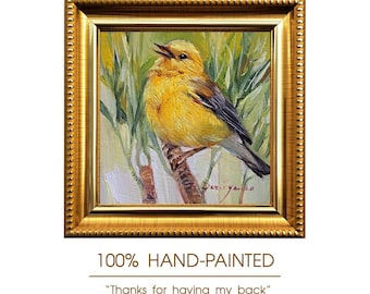 American Goldfinch Oil Painting, Miniature Bird Wall Art, Framed Yellow Art (4x4 Inch)