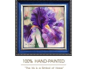 Original Iris Oil Painting, Framed 4x4 Inch, Purple Flower Wall Art Decor