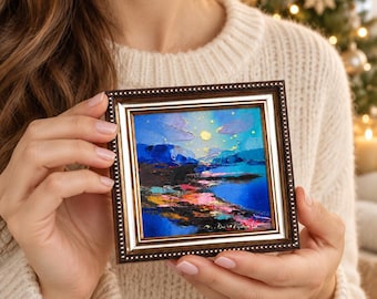 Original Abstract Landscape Oil Painting 4x4" Miniature Moonlit Seascape, Framed Impasto Art Love gift - You are my universe