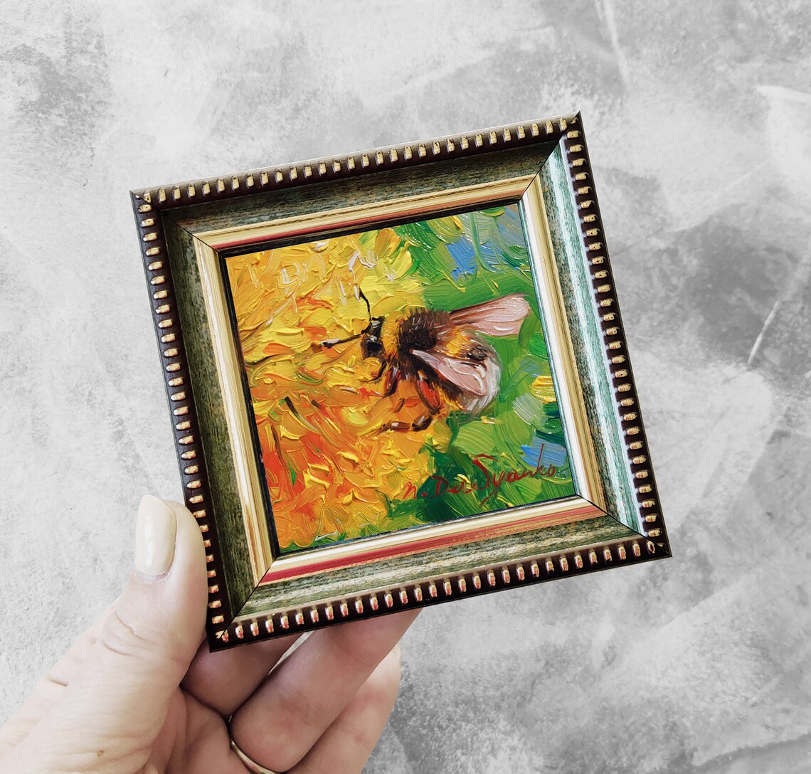 Bumblebee Painting Original 3x3 Bumble Bee Art Tiny Oil - Etsy