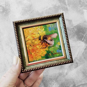 Bumblebee Painting Original 3x3, Bumble Bee Art Tiny Oil Painting ...
