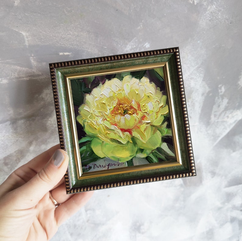 Small oil painting miniature Floral oil painting Easter picture gift Yellow unique peony oil painting original framed