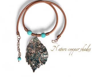 Electroformed Copper Elm Leaf Choker, Turquoise Beads, Patina Necklace