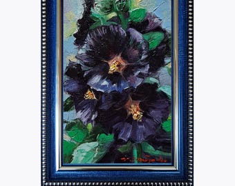 Original Oil Painting: Black Hollyhock Flowers, Textured Floral Wall Art 4x6 Inch