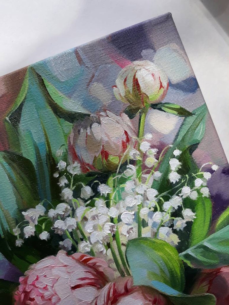 Peony flowers oil painting original and Lily of the valley art Pink peony wall art Birthday gift for women image 2