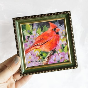 Bird Cardinal oil painting original miniature, love gift red bird artwork, home decor small painting 4x4 4x4 green frame