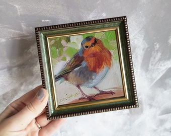 Cute painting Robin bird oil art original birding artwork, Miniature framed art bird on branch, Small bird art gift for friend