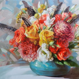 Wedding flowers painting oil original art on canvas, Floral colorfull bridal bouquet painting unique artwork  Anniversary gift for wife