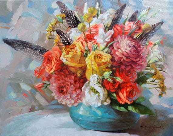 Fleurs De Mariage Peinture Art Original à Lhuile Sur Toile Coloré Floral Bouquet De Mariée Peinture Oeuvre Unique Cadeau Danniversaire Pour Femme