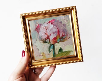 Peony original oil painting framed, Small painting pink flowers, Unique peony wall art, Floral art for women Gift for best friend