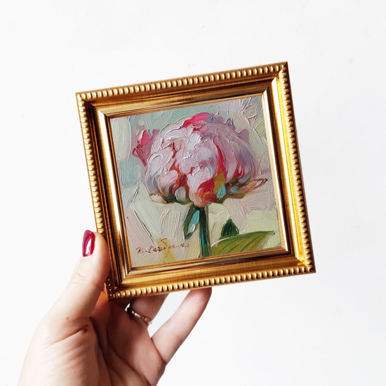 Peony original oil painting framed, Small painting pink flowers, Unique peony wall art, Floral art for women Gift for best friend gold frame