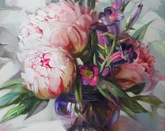 Bluebell flowers peony painting in purple glass vase floral oil art on canvas, Original flower small painting gift for birthday mother women