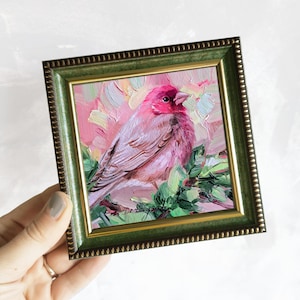 Rosefinch bird oil painting original 4x4, Miniature art birdie small artwork, Little bird picture framed Bird on branch, Birthday gift