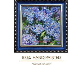 Original Forget-me-not Oil Painting 4x4 Inch, Framed Floral Artwork