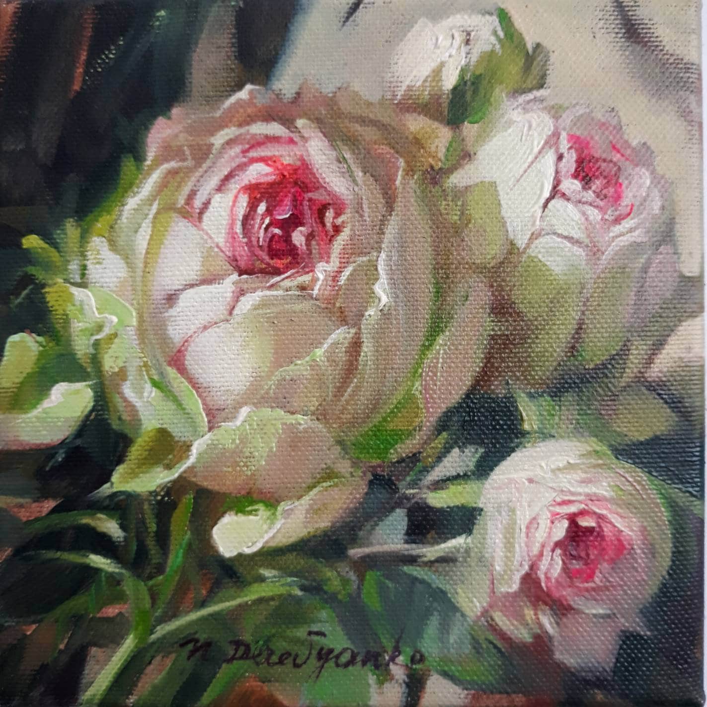 バラの油絵キャンバスオリジナル、花のアート絵画、花の咲く絵画、淡い