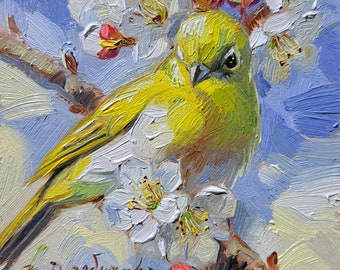 Bird Painting Original Art Picture framed 4x4 inch, Birdie Shelf Decor