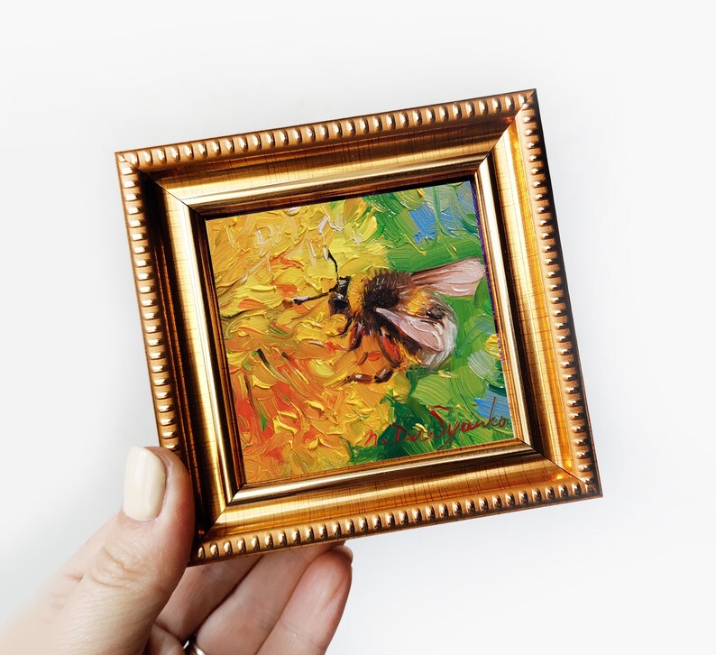 Bumblebee Painting Original 3x3, Bumble Bee Art Tiny Oil Painting ...