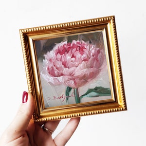 Peony original oil painting framed, Small painting pink flowers, Unique peony wall art, Floral art Valentines day gift for women