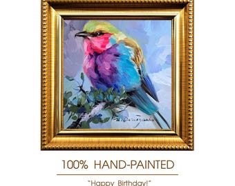 Pintura al óleo original de un pájaro carraca de pecho lila, marco dorado, miniatura de arte de 10 x 10 cm.
