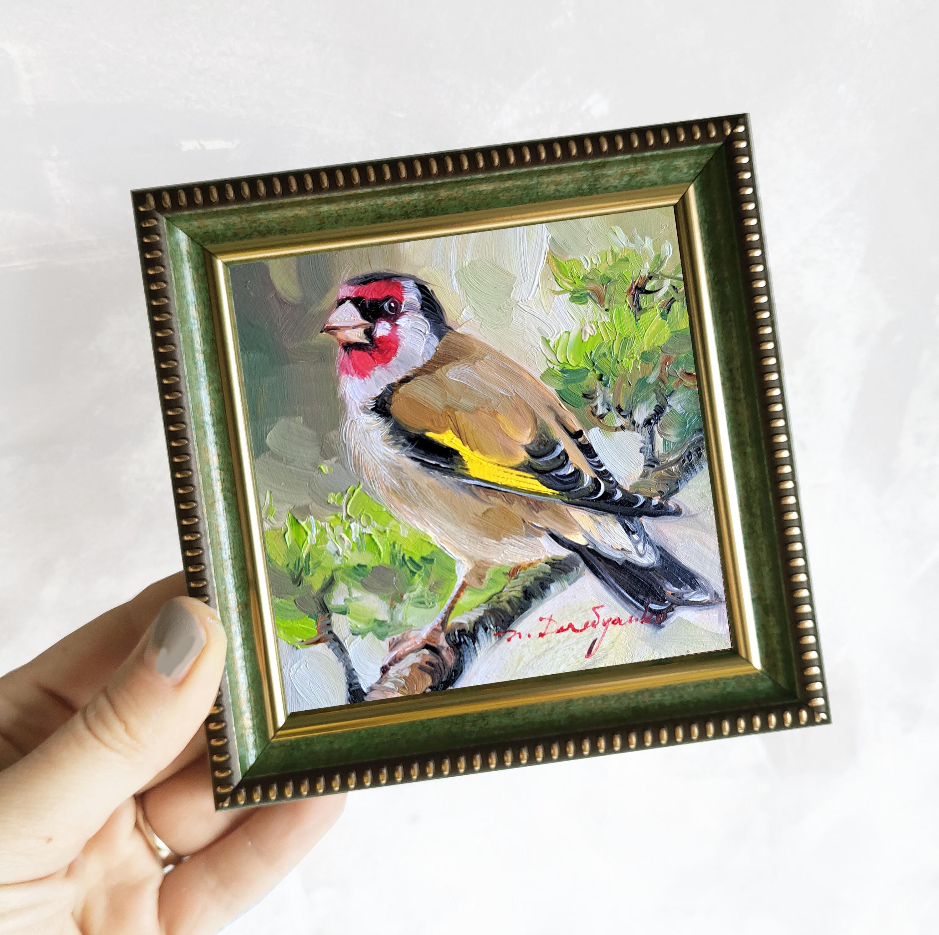 Goldfinch bird painting original, Miniature paintings oil birds wall art, Small paintings 4x4 framed artwork green tiny Gift for Mom