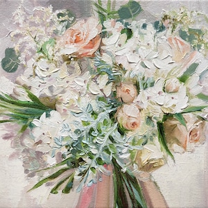 Bridal bouquet painting from photo, Floral oil paintings on canvas original, Custom wedding bouquet painting