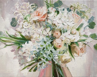 Bridal bouquet painting from photo, Floral oil paintings on canvas original, Custom wedding bouquet painting