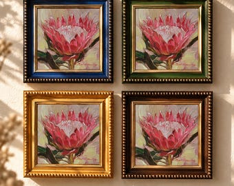Hand Painted Protea "You're My Best Friend" Flower Art 4x4", 6 Frame Colors, Original Oil Painting, Anniversary Gift for Her