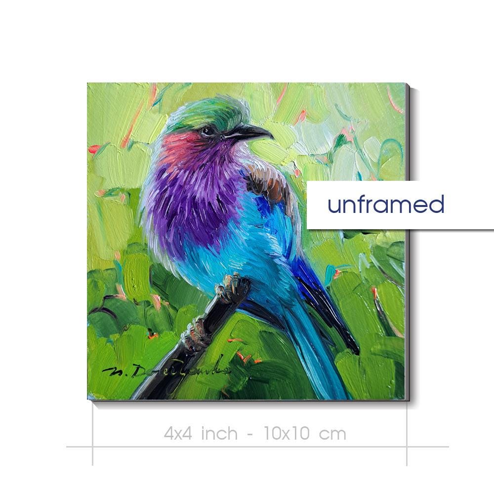 ライラックニシローラーバードの油絵、額装済み4×4インチミニアート