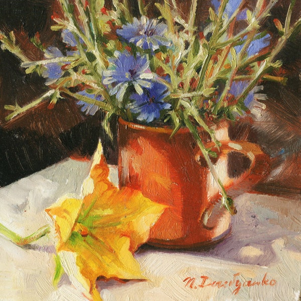 Peinture à l’huile de fleurs sauvages originale dans un cadre en bois, fleur de chicorée bleue, photo de courgette jaune encadrée, cadeau de maman de sa fille