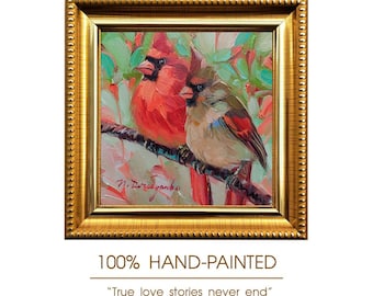 Cuadro al óleo original de una pareja de cardenales, arte de pared enmarcado de 4x4 pulgadas.