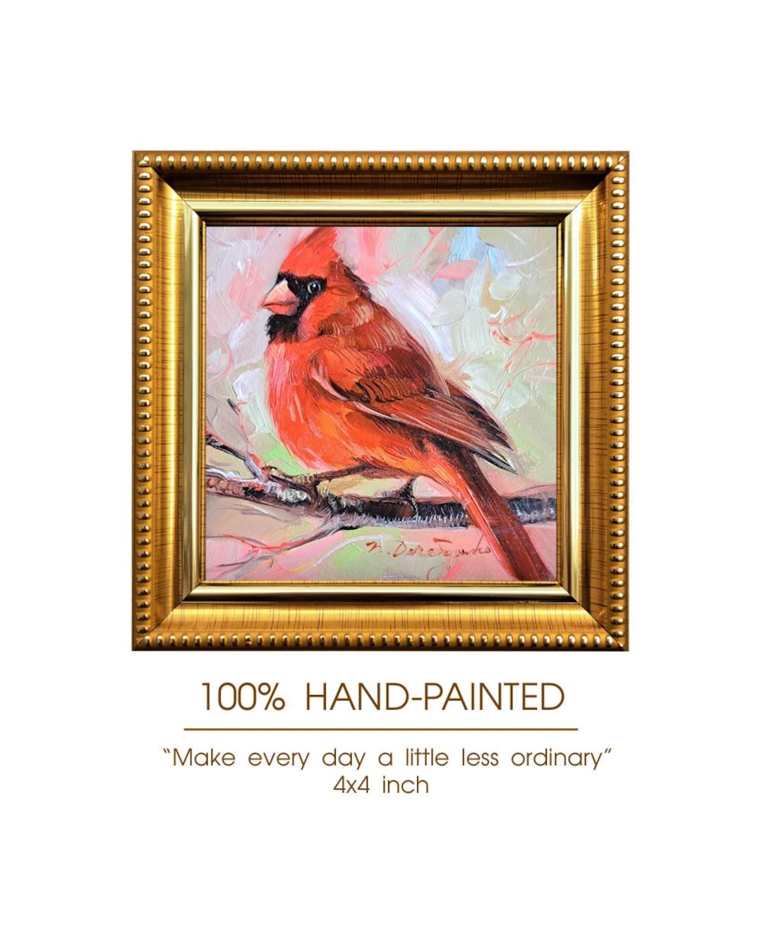 Cardinal Bird Oil Painting Original Small Art Framed, Gold Red Bird ...