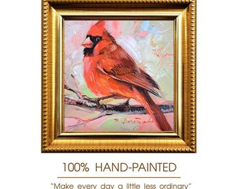 Original Oil Painting Cardinal Bird Art, Framed 4x4 Wall Decor, Animal Collection
