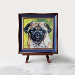 Custom pet portrait painting 4x4 in frame, Small dog oil painting original framed artwork, Boston terrier portrait oil art mini gift 4x4 wooden easel