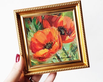 Small paintings two red flowers Poppy artwork tiny oil painting original 4x4, Small framed art Couple love gift Anniversary