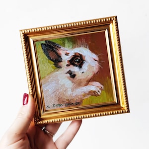 Cute rabbit oil painting original framed 4x4, Small framed art white black rabbit artwork yellow background, Teacher gifts