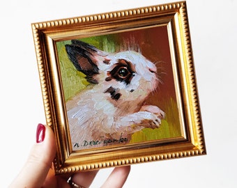 Cute rabbit oil painting original framed 4x4, Small framed art white black rabbit artwork yellow background, Teacher gifts