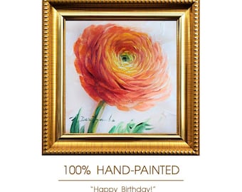 Original Ranunculus Flower Painting, 4x4 Inch Framed Wall Art