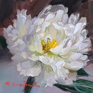 Peony oil painting original framed, Miniature white peony wall art unique tiny painting flower artwork, Floral art gift for best friend