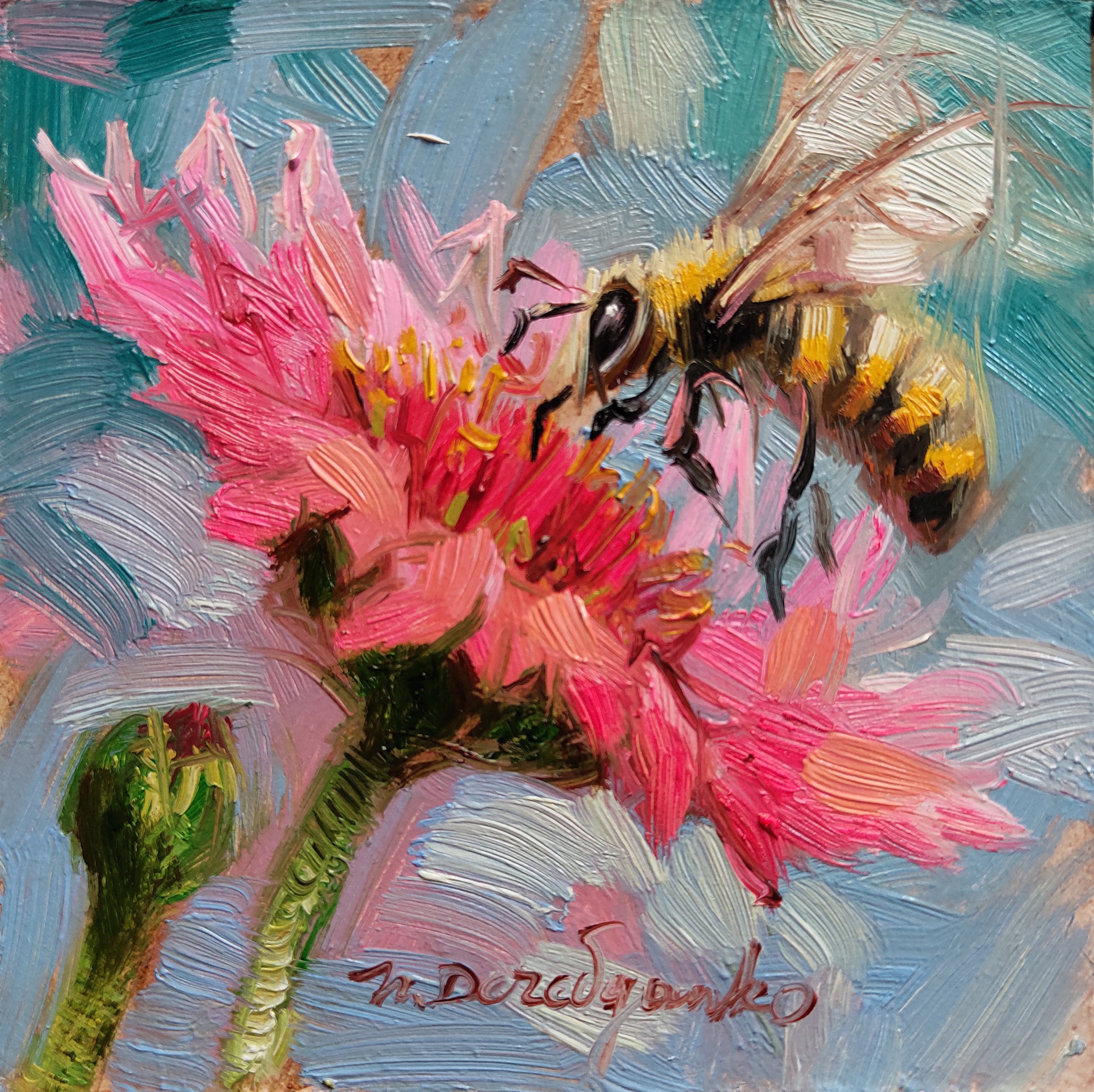 Bee Oil Painting Original Art Pink Flower, Bee Wall Art Picture in ...