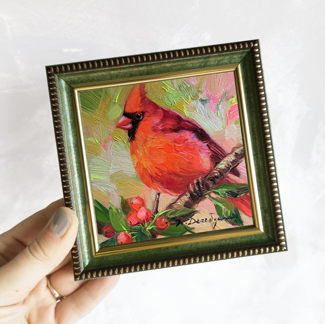 Cardinal Bird Miniature Oil Painting Original, Love Gift Easter Red ...
