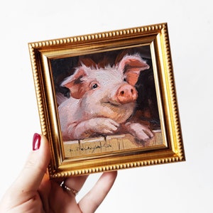 Pig oil painting original artwork 4x4, Animal small painting frame, Nursery wall art piggy lover gift