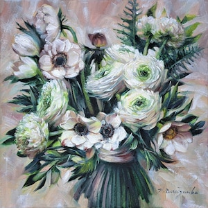 Bouquet oil painting canvas original art, White green flowers painting rannunqulus wall art For her, Floral birthday gift for women