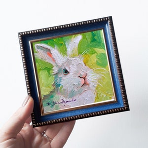 White rabbit painting original framed 4x4, Small painting framed rabbit artwork, Bunny pet painting for nursery Birthday gift