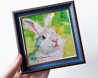 Lapin blanc peinture originale encadrée 4 x 4, petite peinture encadrée lapin oeuvre, lapin animal peinture pour cadeau d’anniversaire de pépinière