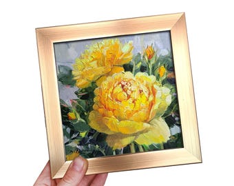 オリジナルの黄色いバラの油絵、印象派風の花柄キャンバスアート作品