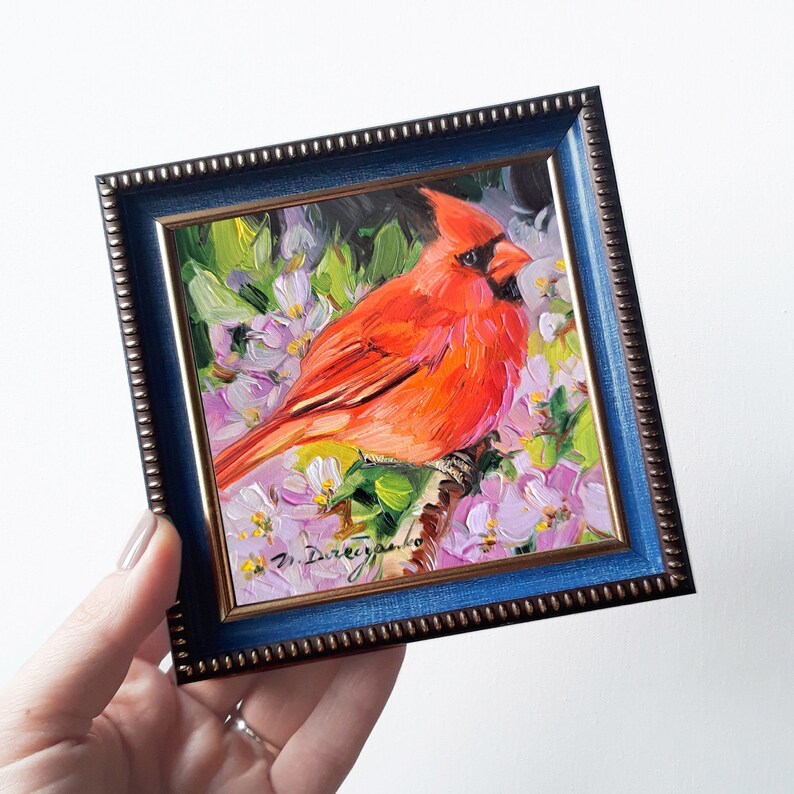 Bird Cardinal oil painting original miniature, love gift red bird artwork, home decor small painting 4x4 4x4 blue frame