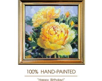 オリジナルの黄色いバラの油絵、印象派風の花柄キャンバスアート作品