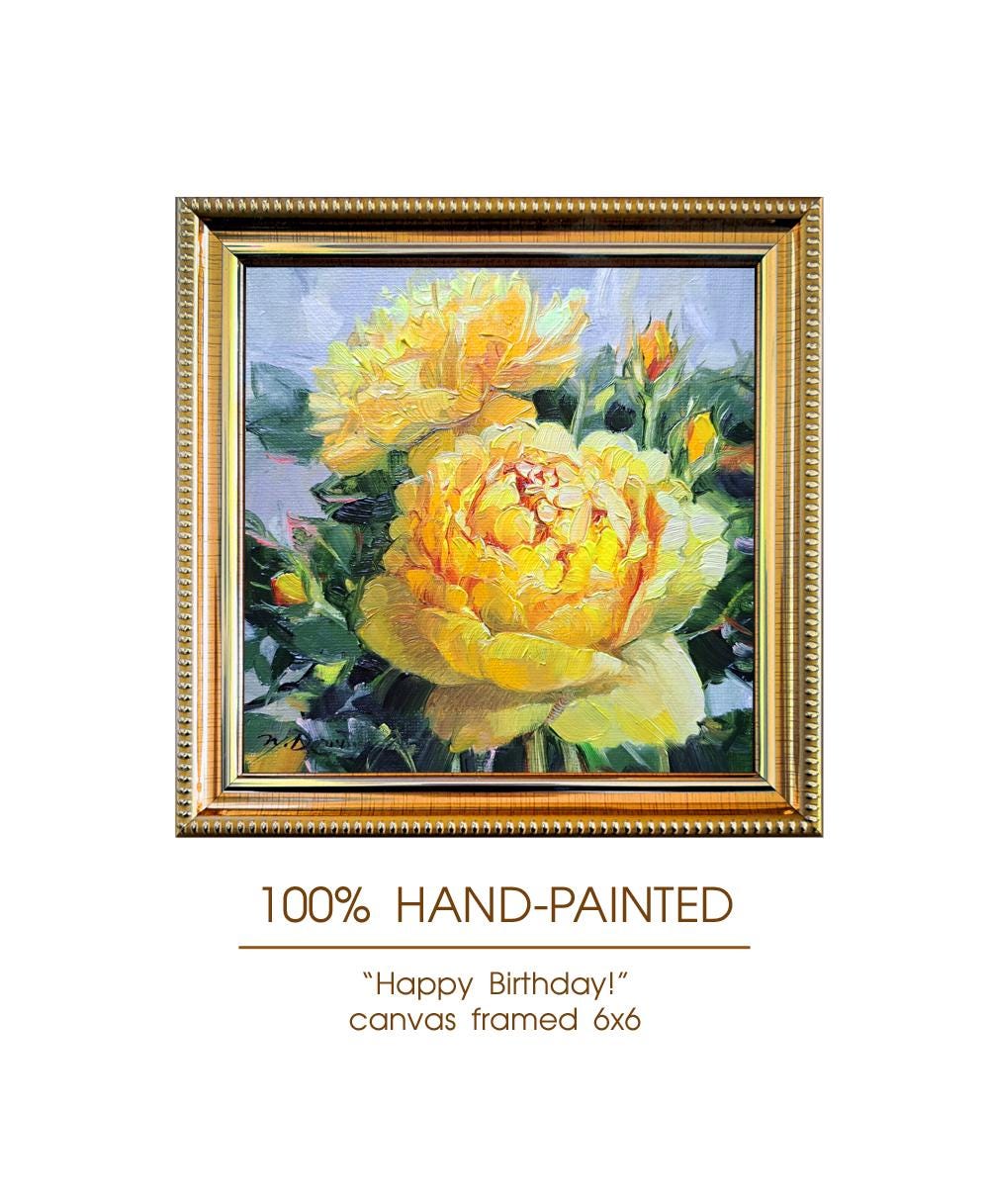 オリジナルの黄色いバラの油絵、印象派風の花柄キャンバスアート作品