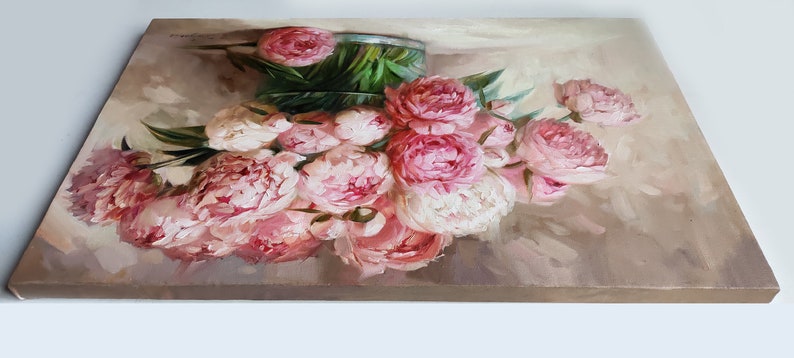 Peony painting, Oil painting original, Large floral paintings on canvas original, Peonies in glass painting, Wide canvas wall art decor image 4